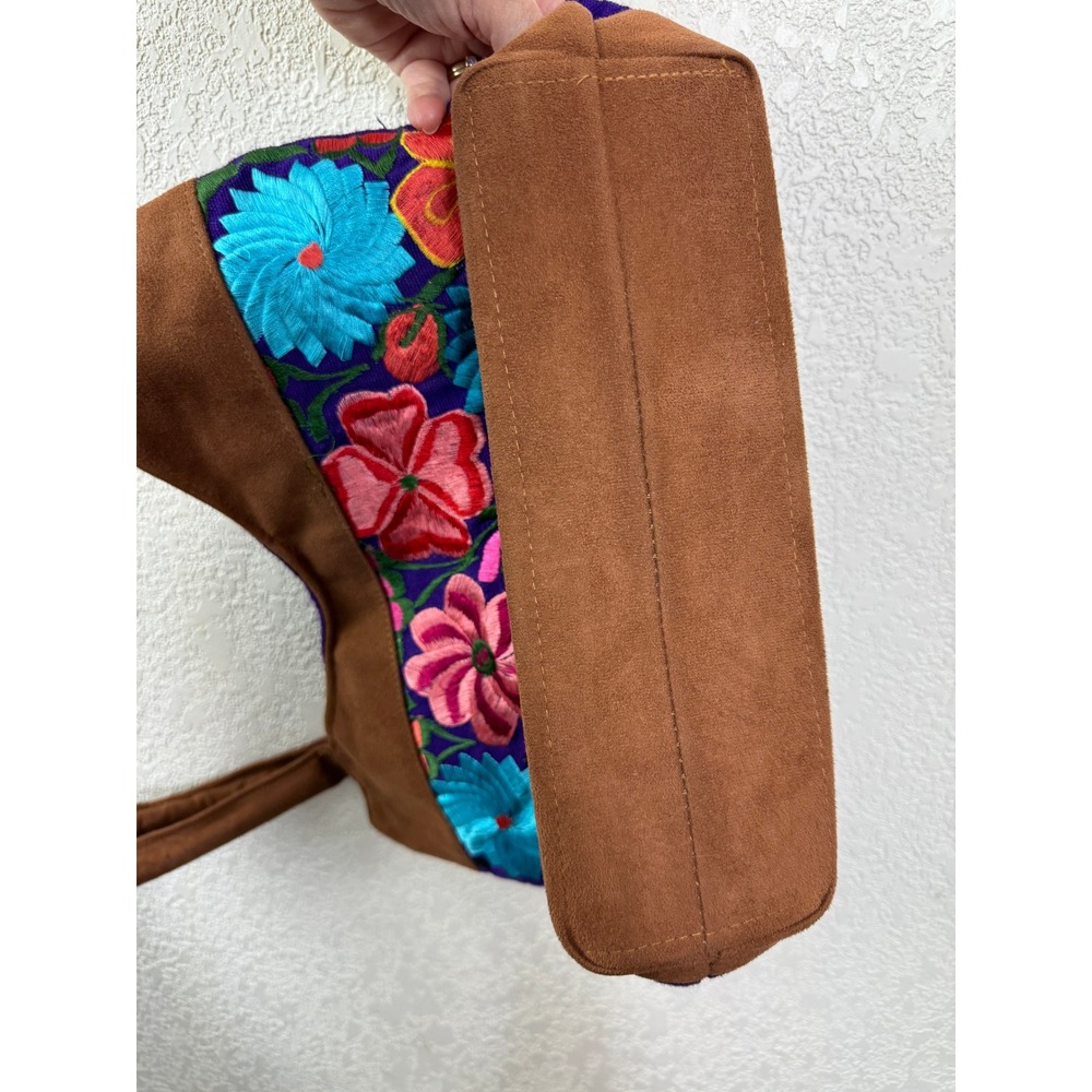 Floral‎ Embroidered Canvas Tote Bag Purple Brown Faux Suede Boho Shoulder Bag - Picture 3 of 6